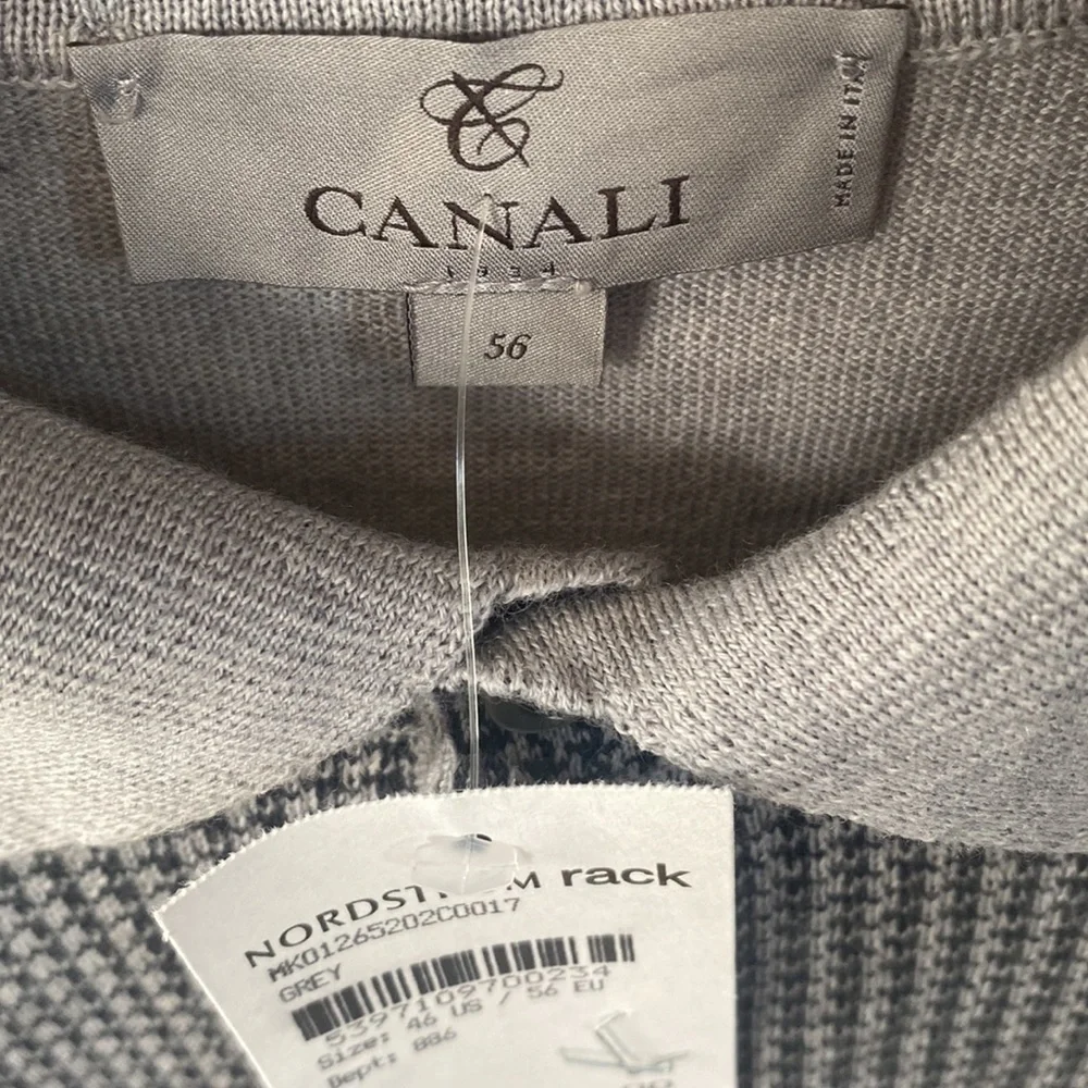 Canali Mens Long-sleeve Gray & Black‎ Houndstooth print front Sweater, Size XXL